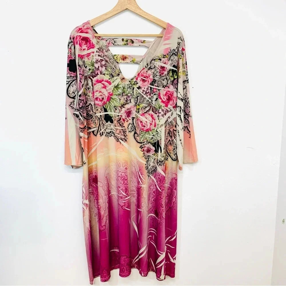 Fresh Of LA Dress 3X  Pastel  Pink Floral‎ Knit Shift Stretch V Neck